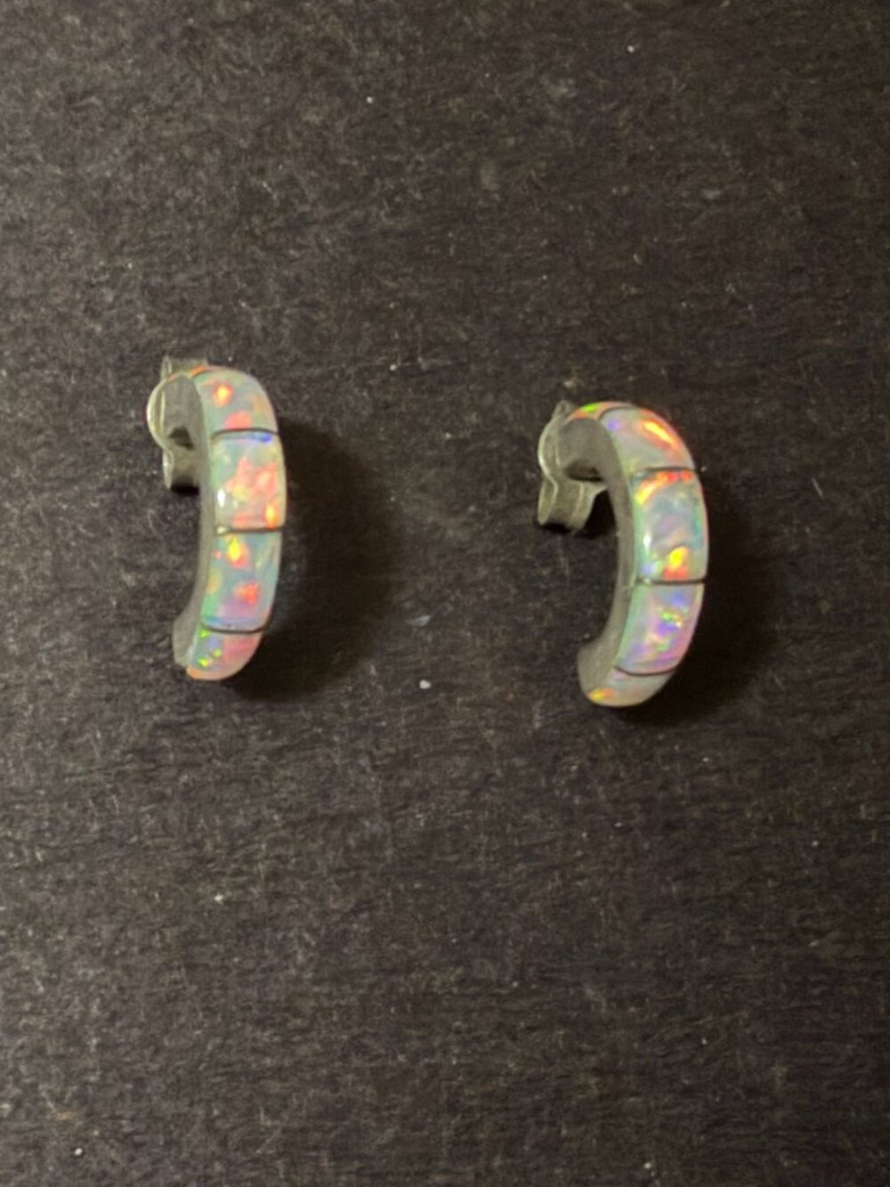 Opal Inlay Silver Half Hoop Stud Earrings